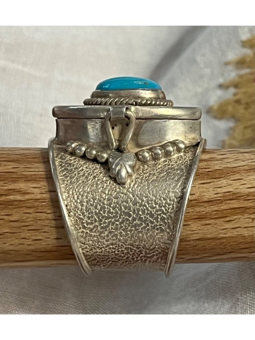Handcrafted Silver Turquoise Poison Ring With Hinged Secret Compartment - Picture 2 of 8